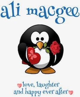 ali macgee's logo with a cartoon penguin sporting a rose in its beak and a box of candy under its flipper, with the legend "love, laughter, and happy ever after"